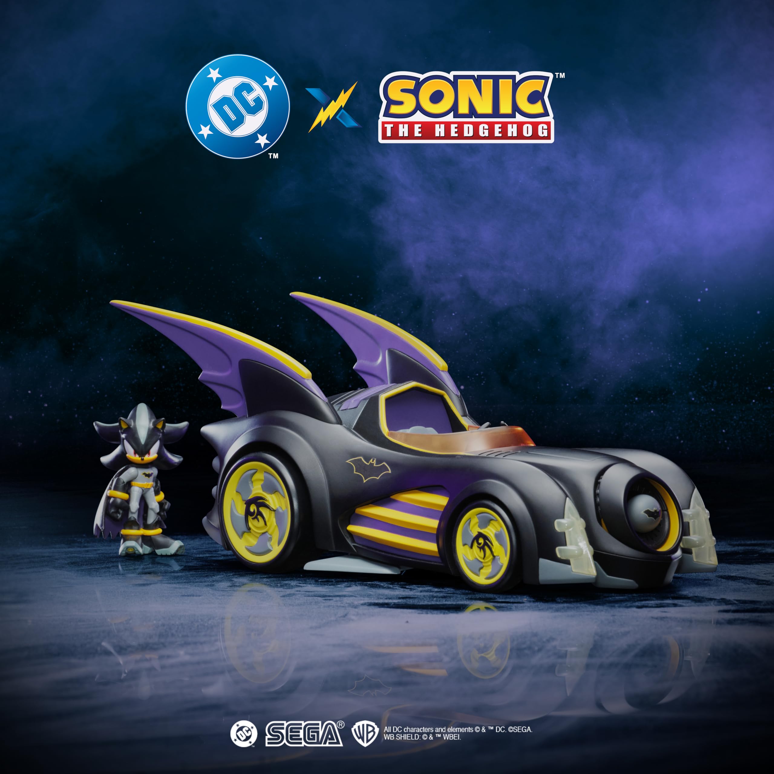 DC x Sonic Shadow en Batman avec Batmobile, Coffret de Figurines de 6,35 cm (2,5 Pouces), sous Licence Officielle Jakks Pacific, véhicule interactif avec Lance-Projectile et Turbine rotative.