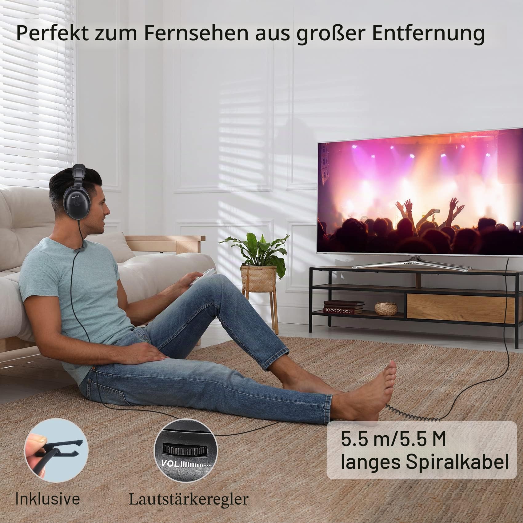 SIMOLIO TV Kopfhörer mit langem Kabel, Over Ear Headset für Fernseher mit Tonverstärkung, Tonregler & Lautstärkeregler, 18ft Spulenkabel mit Clip, 3.5mm AUX & RCA Audio, 40 Std. Spielzeit, SM-905TV