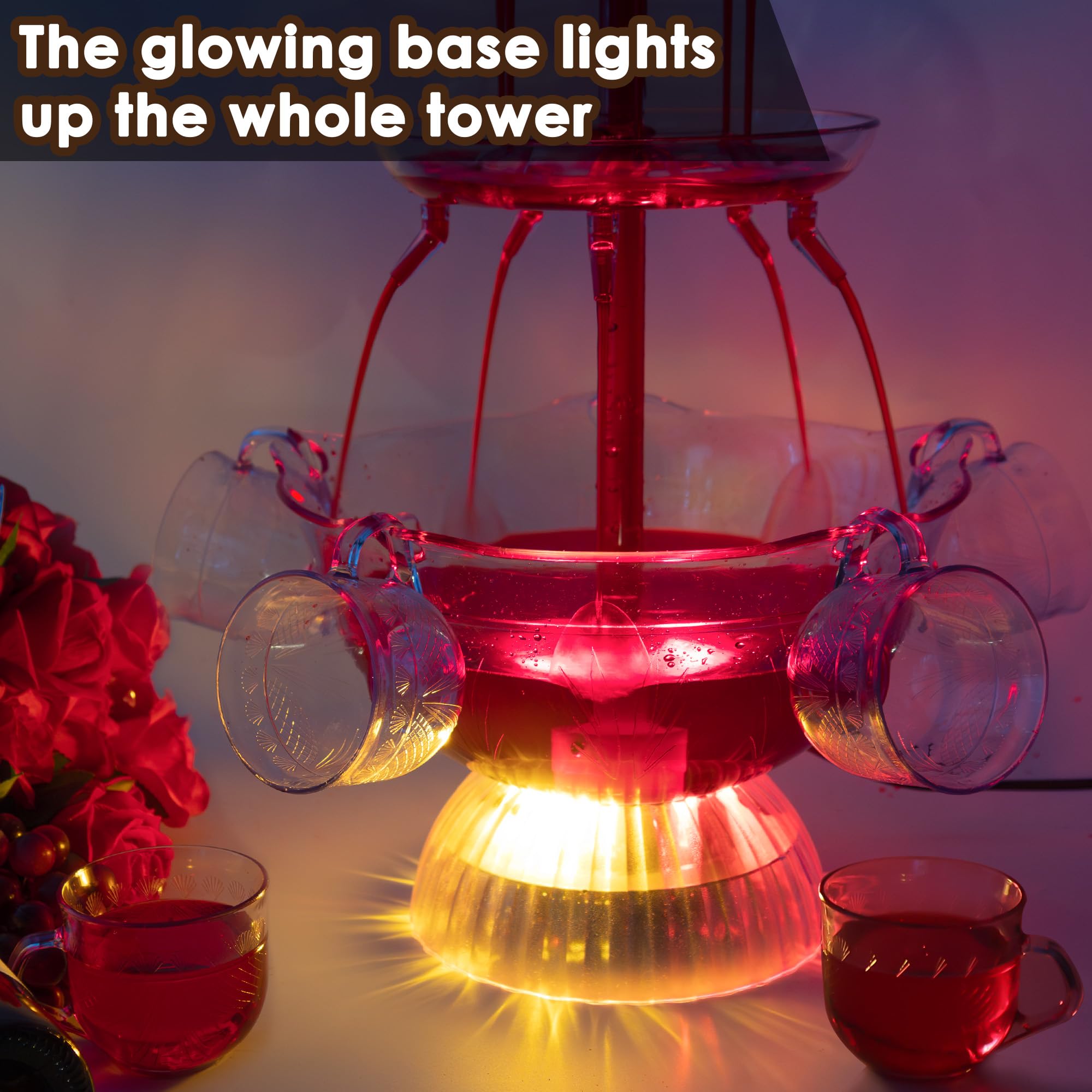 Fontaine à Vin Rouge 3 Niveaux Électrique avec 5 Tasses et Éclairage LED pour Fêtes