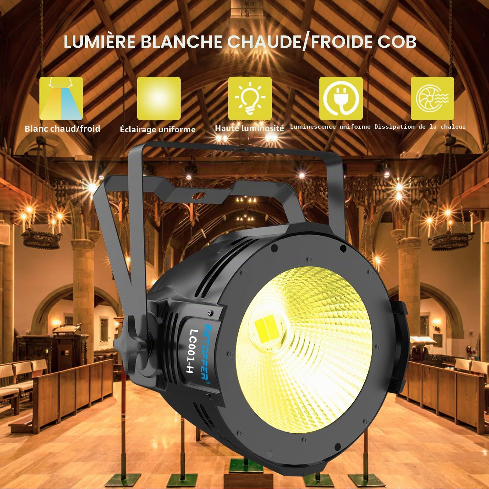 BETOPPER 100W COB Eclairage de Scène Lumière dj DMX Par Projecteur Soirée avec lumineux Blanc Eclairage à Effet Stroboscopique pour théâtre photographie bar mariage fête LC001