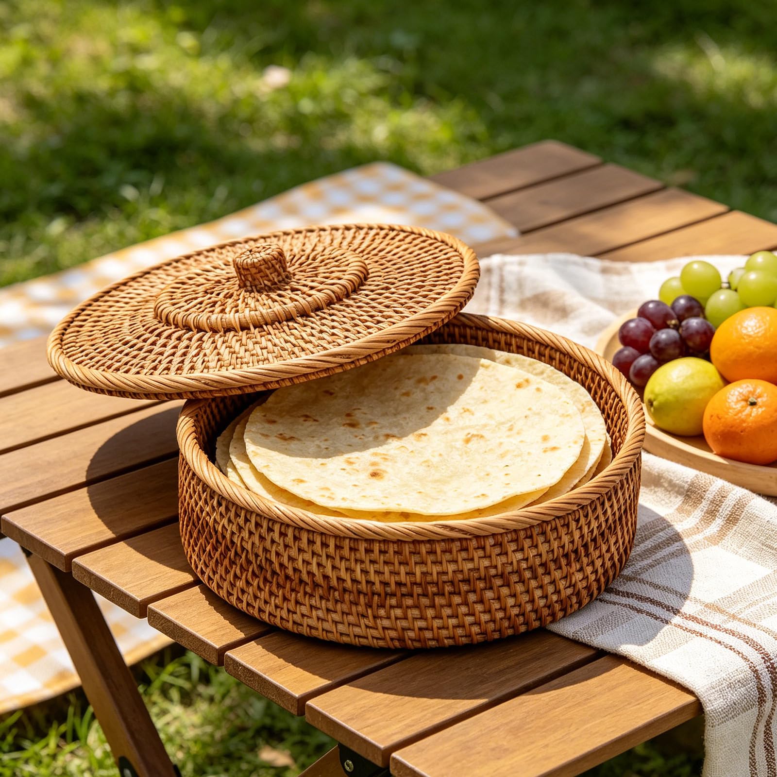 Koszyk do podgrzewania pieczywa - 10-calowy koszyk z pokrywką z rattanu na tortille z zakwasem - pleciony pojemnik do podgrzewania naleśników na meksykańskie przyjęcie Taco Tuesday