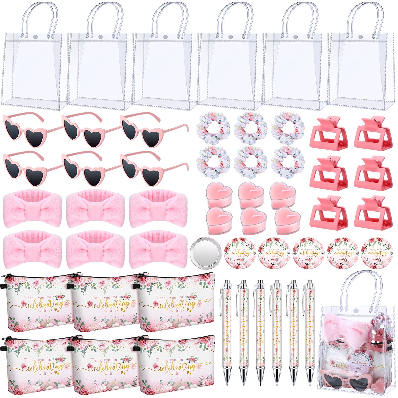 Dansydaisy 6 Sets Baby Shower Prizes for Game Winners Cosmetic Bags Sunglasses Hair Scrunchies Mirrors Pens Claw Clips Hair Headbands Candles Gift Bag