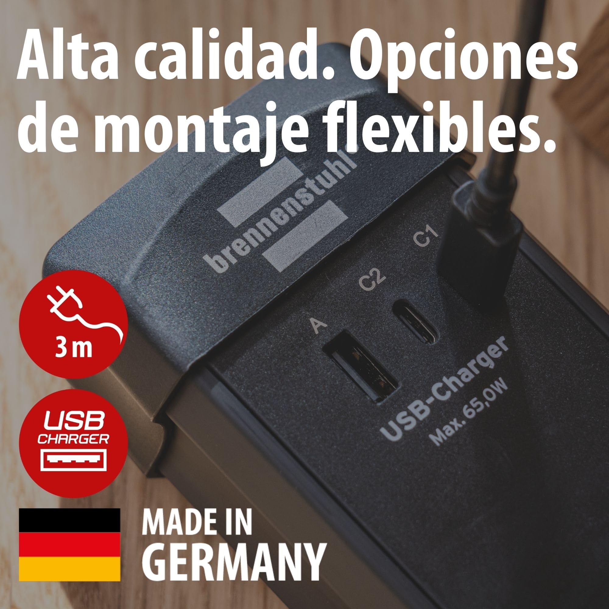 Brennenstuhl Premium-Line regleta de enchufes de 6 vías con 2X USB C PD 65W y USB A 18W (Made in Germany, regleta con Interruptor y Cable de 3m, para Montaje en Pared) Negro