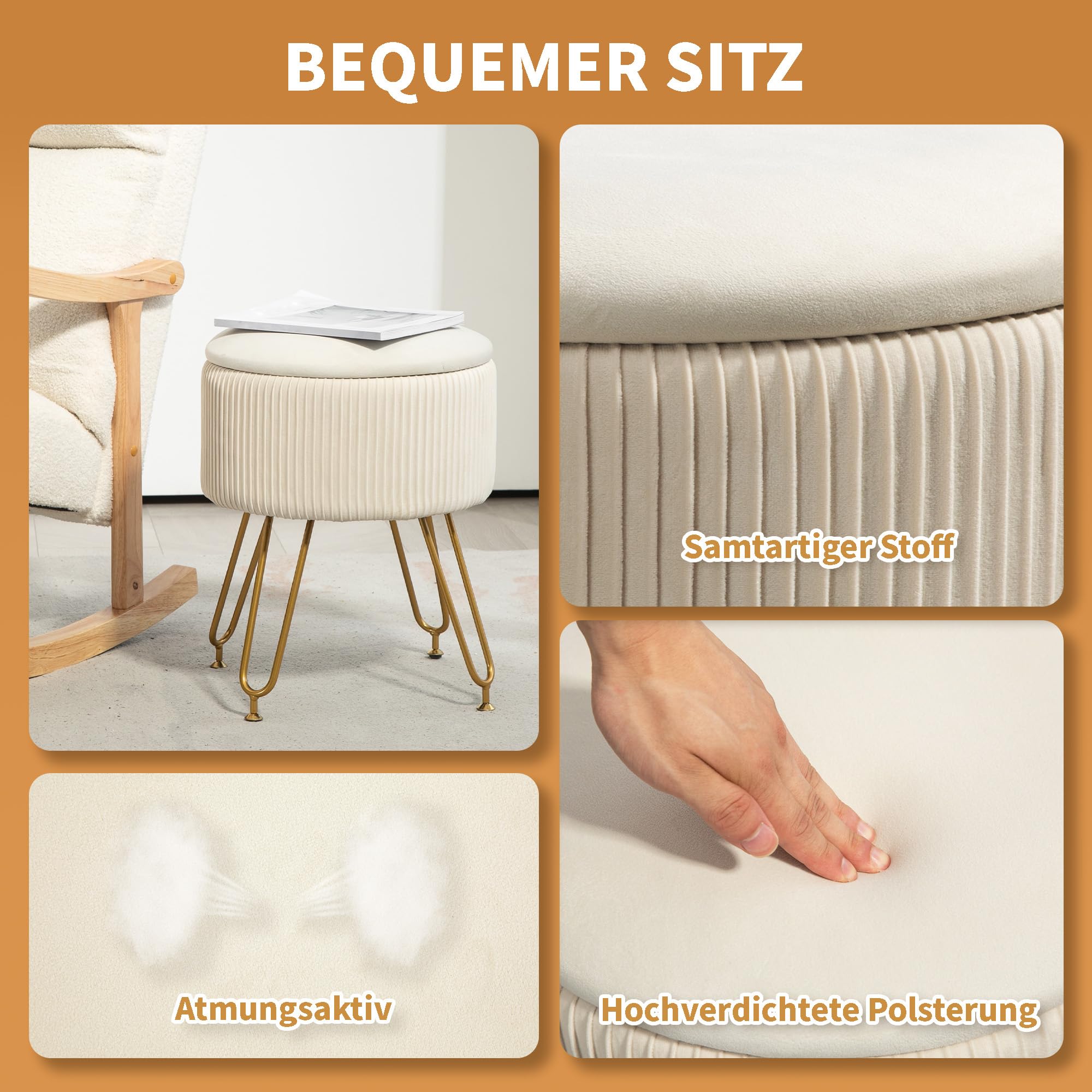 HOMCOM Sitzhocker mit Stauraum 2-in-1 mit Deckel Ø40 x 48 cm Cremeweiß