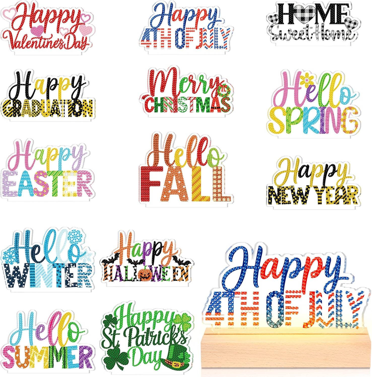 Chunful 13 Pcs Interchangeable Seasonal Diamond Art Tabletop Holiday Diamond Art Painting Kit with Wooden Light Base for Table Tiered Tray Home Office Tabletop Centerpiece Decor (13 Pcs,Simple Style)