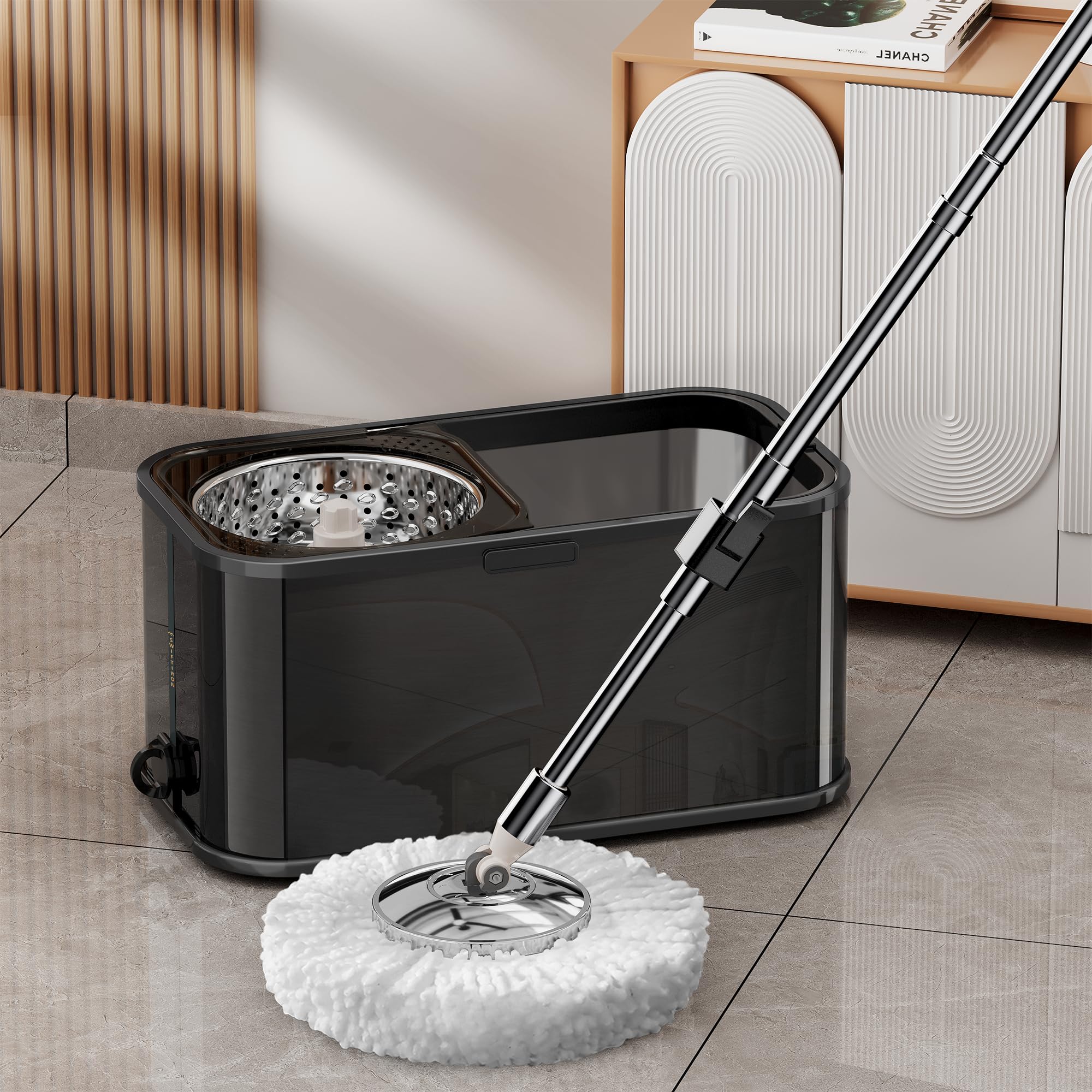 Juego de fregona giratoria y cubo, sistema de limpieza de piso giratorio de 360 grados con 4 recambios de cabezal de microfibra de repuesto, mango extensible de 53 pulgadas (negro)
