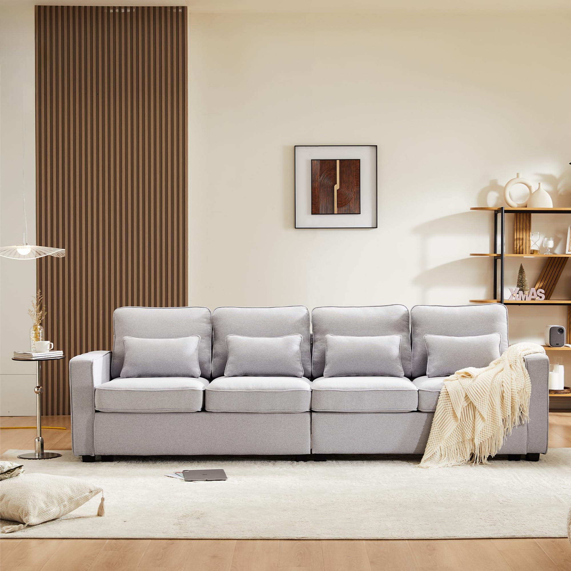 Sofá moderno de 4 plazas en tela de lino, sofá de cuatro plazas con bolsillos para apoyabrazos y 4 cojines, sofá de estilo simple, adecuado para sala de estar, casa, oficina (Gris)