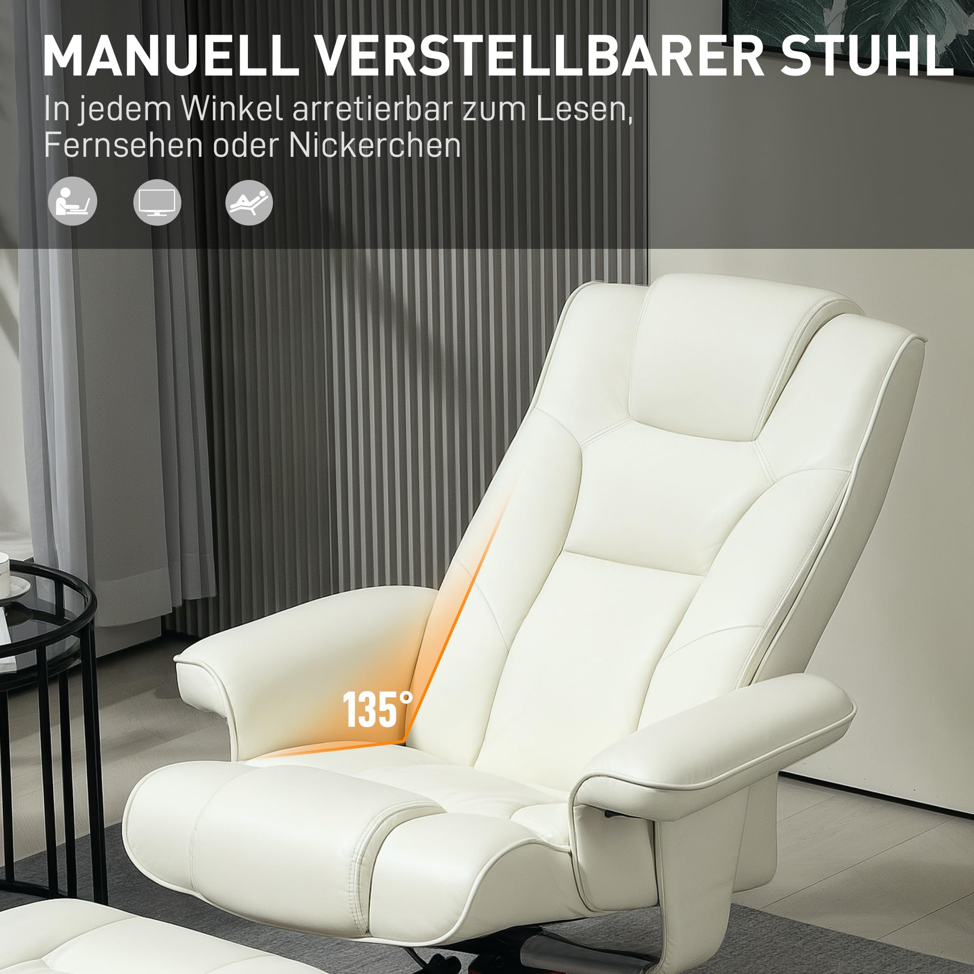 HOMCOM Relaxsessel mit Hocker Liegefunktion 150 kg Kunstleder Cremeweiß | Fernsehsessel mit Hocker, Wippfunktion, Gepolstert Liegesessel, Verstellbare Rückenlehne, für Wohnzimmer