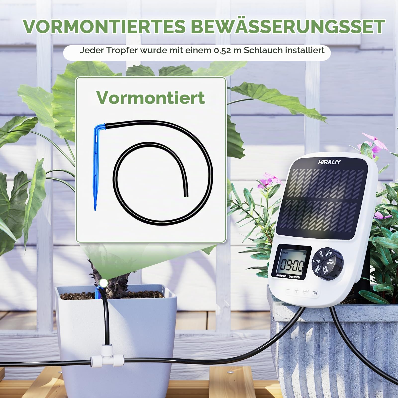 HIRALIY Solarbetriebenes automatisches Tropfbewässerungssystem mit Timer