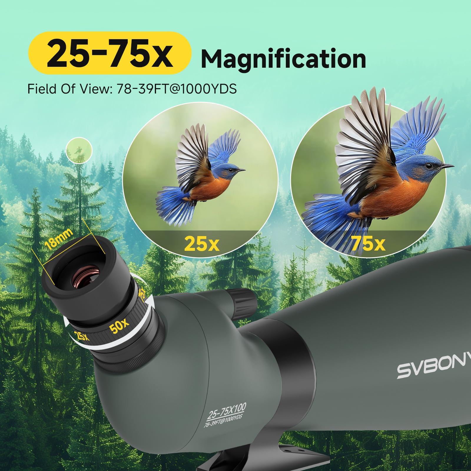 Svbony SV28 Telescopio de Detección con Trípode, 25-75x Zoom, Lente Objetivo 100mm, HD Bak4 FMC, Ocular Giratorio, Adaptador de Smartphone, para Observación de Aves y Tiro al Blanco