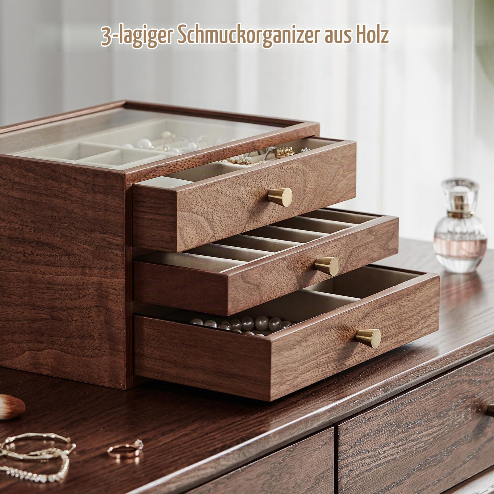 Schmuckaufbewahrung Schmuckkasten Klein Schmuckkästchen aus Holz für Damen, Massivholz Schmuckschatulle Schmuckbox Holz mit Glasabdeckung 3 Schubladen Schmuckkiste für Ringe Halskette