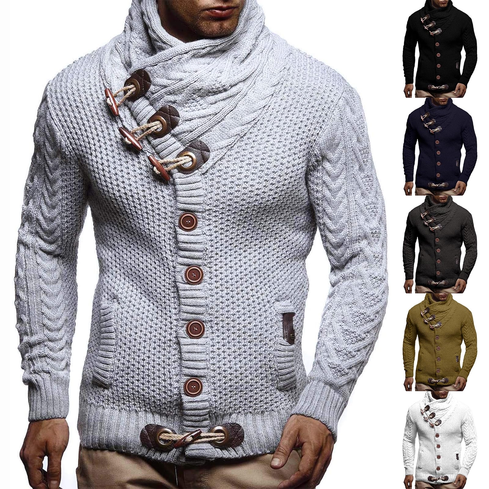 Greabuy Suéter de punto trenzado para hombre, cuello alto, térmico, cálido, con cremallera, casual, a la moda, cuello alto, ropa de invierno