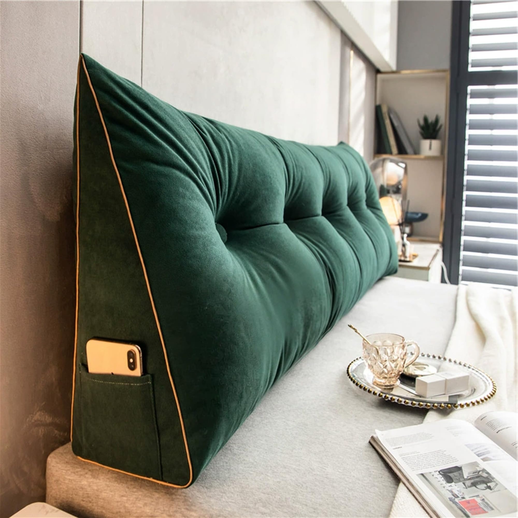 DUOLEH Back Support Cushion with Side Pocket, Wedge Pillow for Bed, Removable Lumbar Backrest, Headboard Bolster Support Pillow, Triangular Rest Reading Cushion (100x50x20cm,Green)