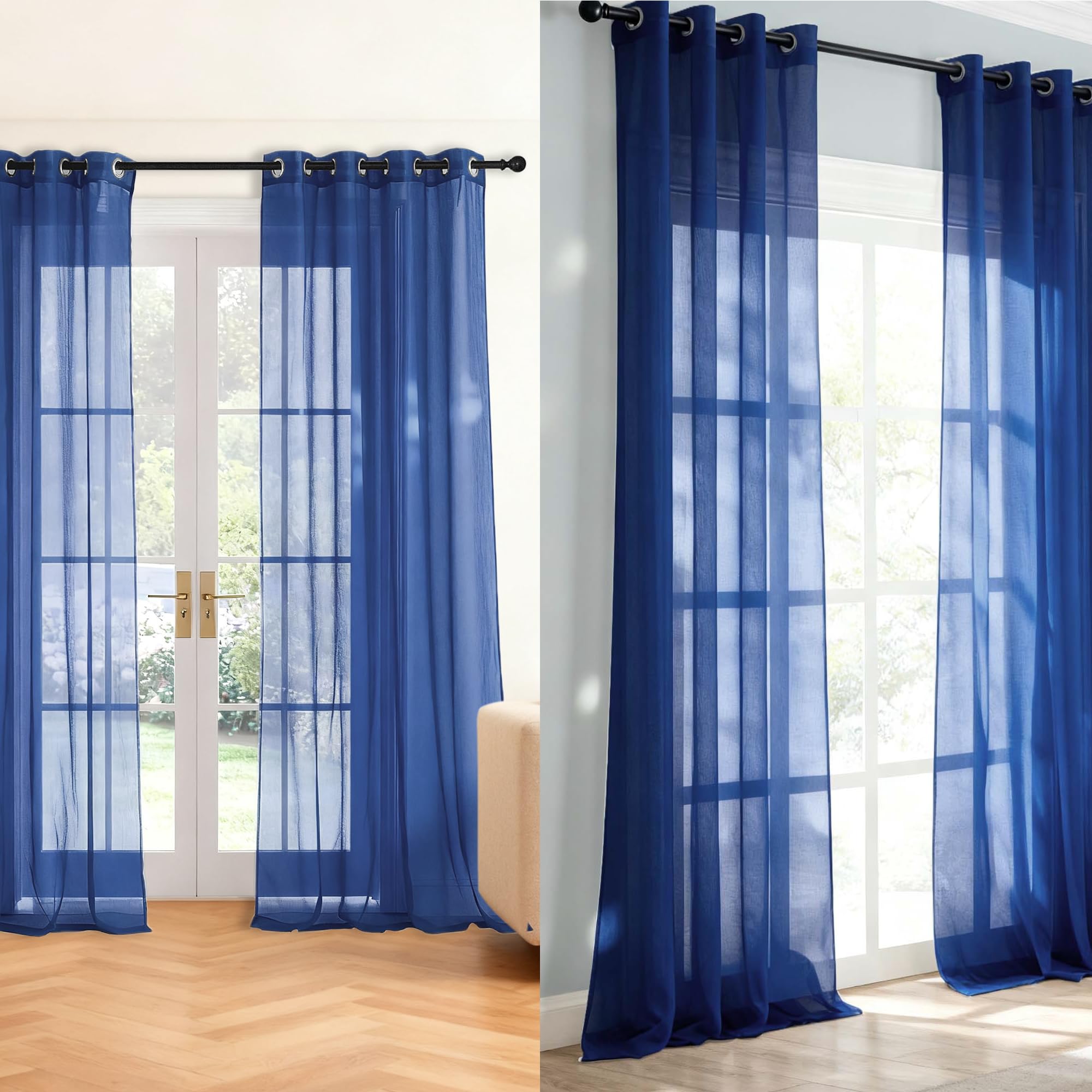 Rideaux Voilages 310 x 225 cm Oeillets Rideaux Voilage Transparent à Oeillets Élégants pour Intérieure de Salon Chambre Cuisine Baie Vitrée, Bleu Foncé