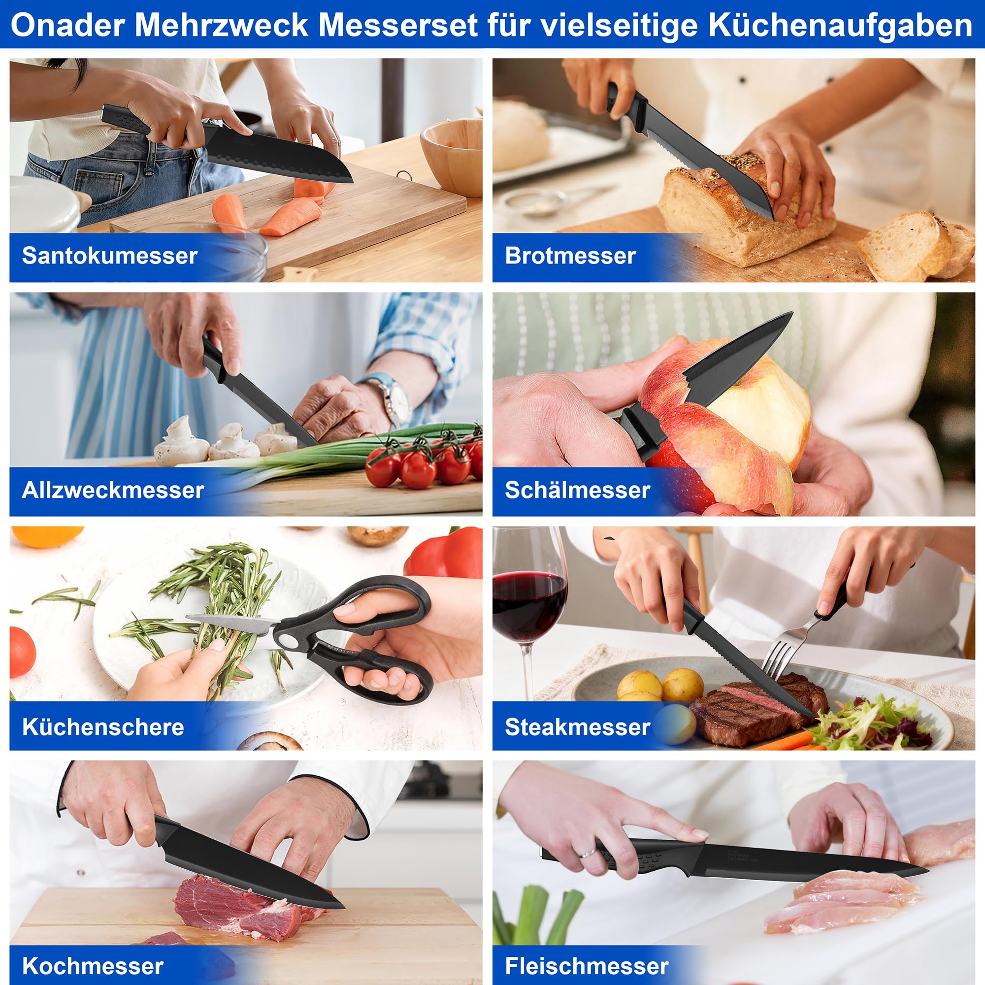 Onader Messerblock mit Messer Set, 22-teiliges Edelstahl Messerset und Silikon Küchenutensilien mit Block, Scharfe Küchenmesser Set mit Wetzstahl, Profi Kochmesser mit Küchenhelfer für Kochen, Schwarz