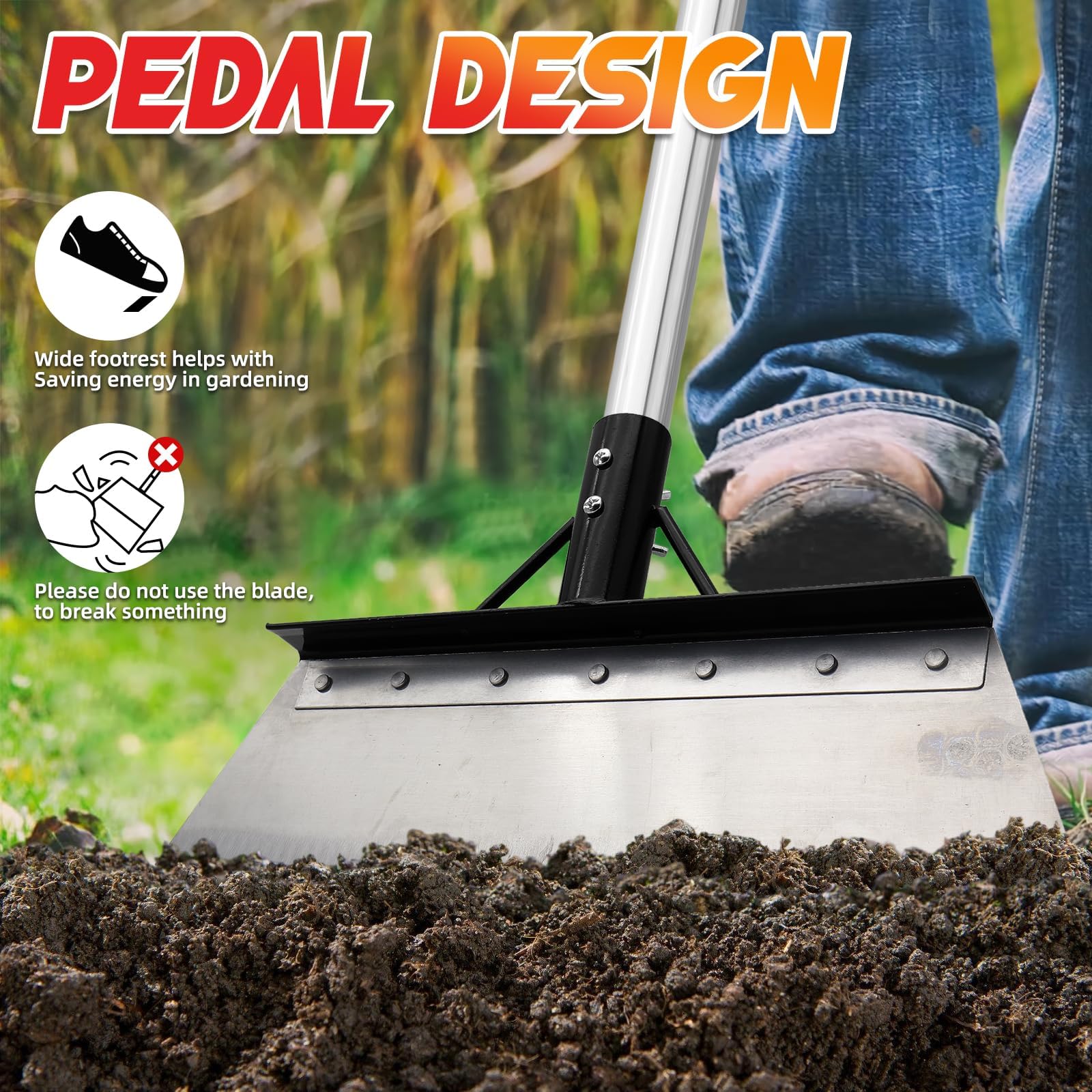 Pala de jardín con mango ajustable de 5 secciones de 200 cm y guantes, azada de acero inoxidable resistente, hoja de 38 cm de ancho para jardinería, paisajismo, nieve y eliminación de tierra