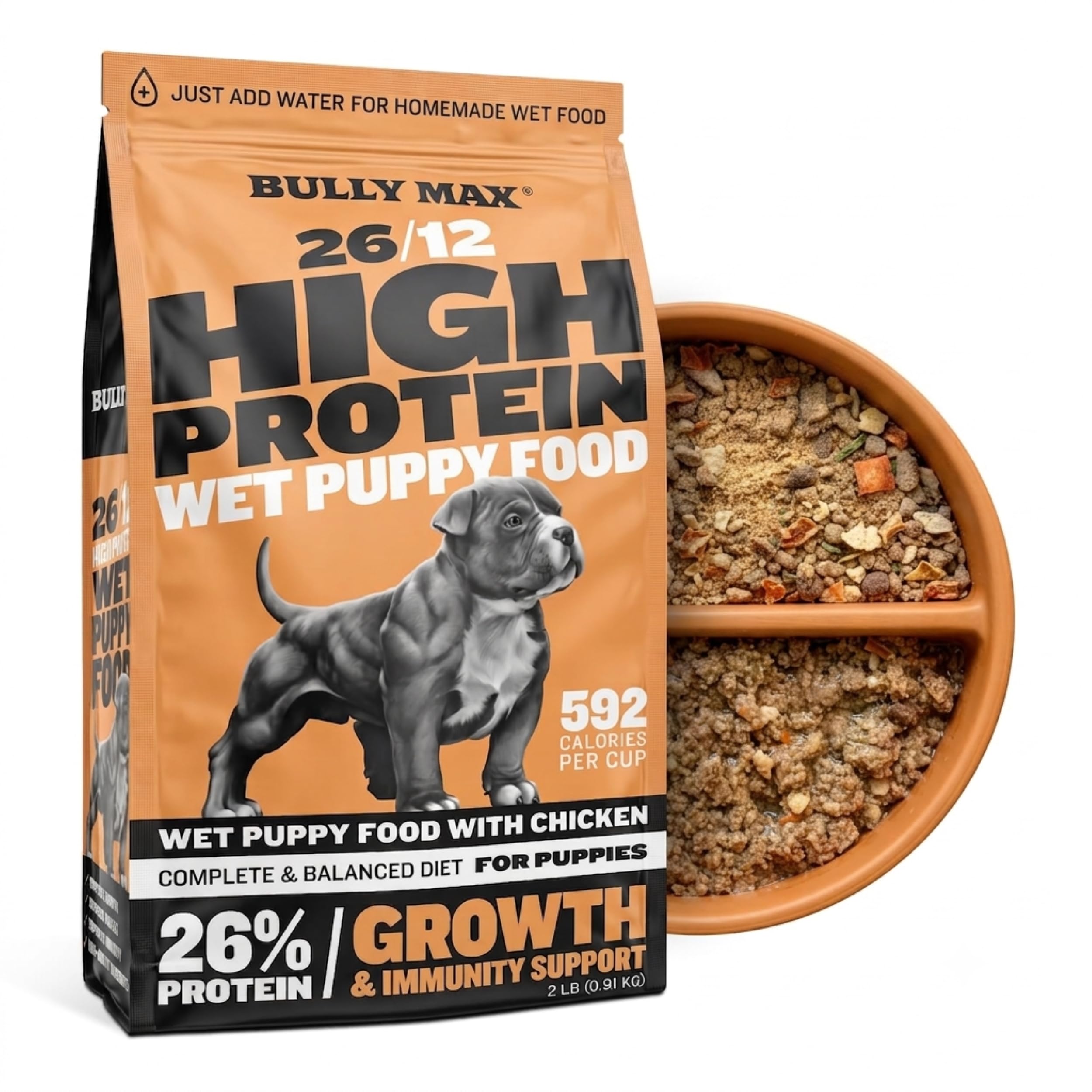 Bully Max Wet Puppy Food - Instant Fresh Dehydrated High Protein Soft Dog Food with Chicken - Healthy Growth for Small &amp; Large Breed Puppies - 2 Dry Dog Food Pounds (Makes 5.5 lbs. of Wet Food)