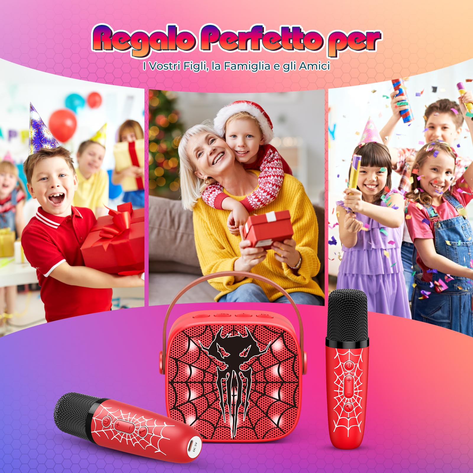 Braxel Karaoke per Bambini con 2 Microfono Wireless, Regalo Bambino 3-12 Anni Maschio Portatile Canta Tu Karaoke Microfono Bluetooth Giochi Bambini 3-12 Anni Spider Giocattolo Bambino