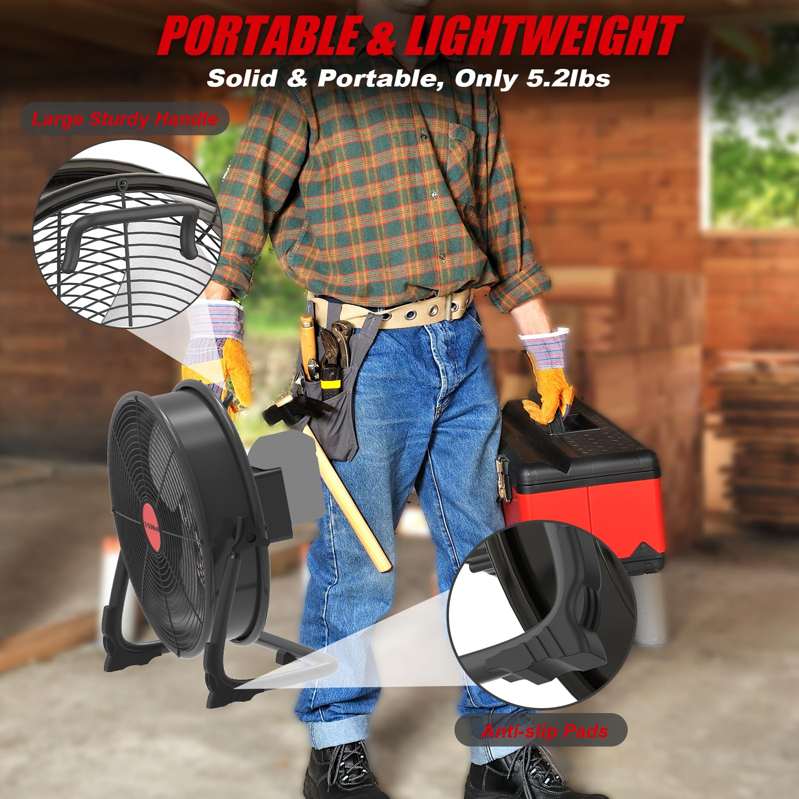 Ventilador de Suelo compatible con Batería Milwaukee 18V M18, 12 Pulgadas, Inalámbrico, Silencioso, Alimentado por Red, USB, Velocidad Regulable para Obra, Taller, Camping (sin batería)