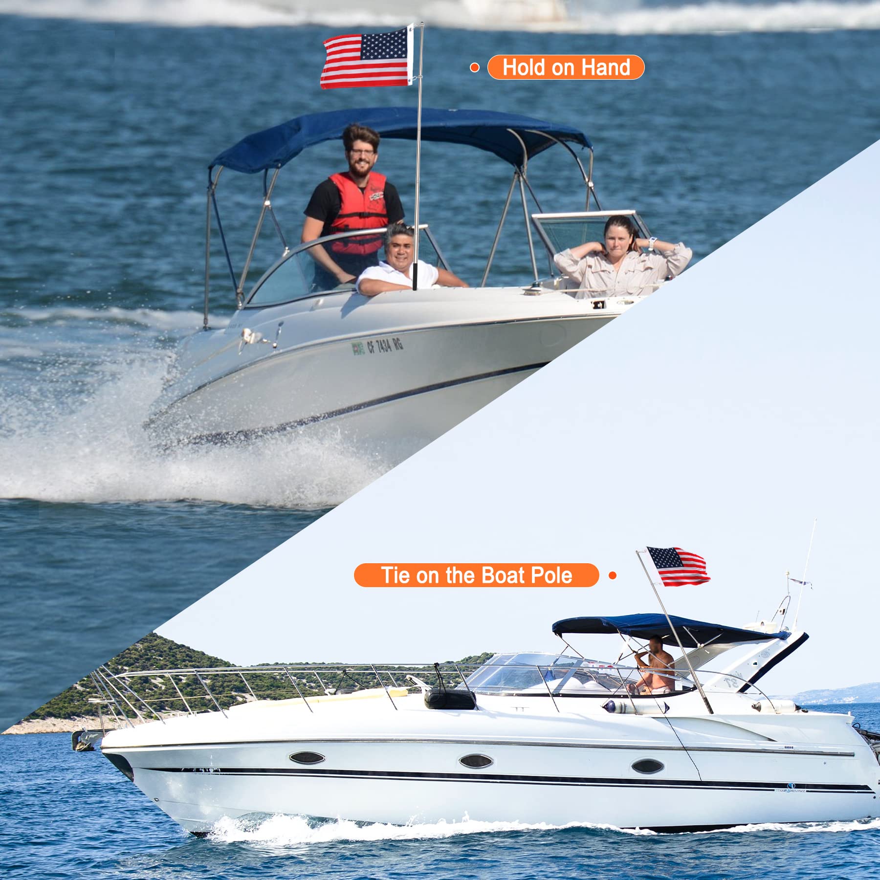 KINGTOP Bandera de barco de Estados Unidos, banderas de 12 x 18 pulgadas, poste telescópico de 48 pulgadas con bolsa de almacenamiento, bandera de seguridad universal para esquiador, deportes