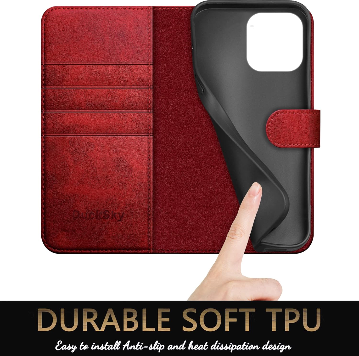 DuckSky for iPhone 14 Pro 6.1" Genuine Leather Wallet case 【4 Credit Card Holder】【RFID Blocking】【Real Leather】 Flip Folio Book Phone case Protective Cover Women Men for Apple 14Pro 5G case Red