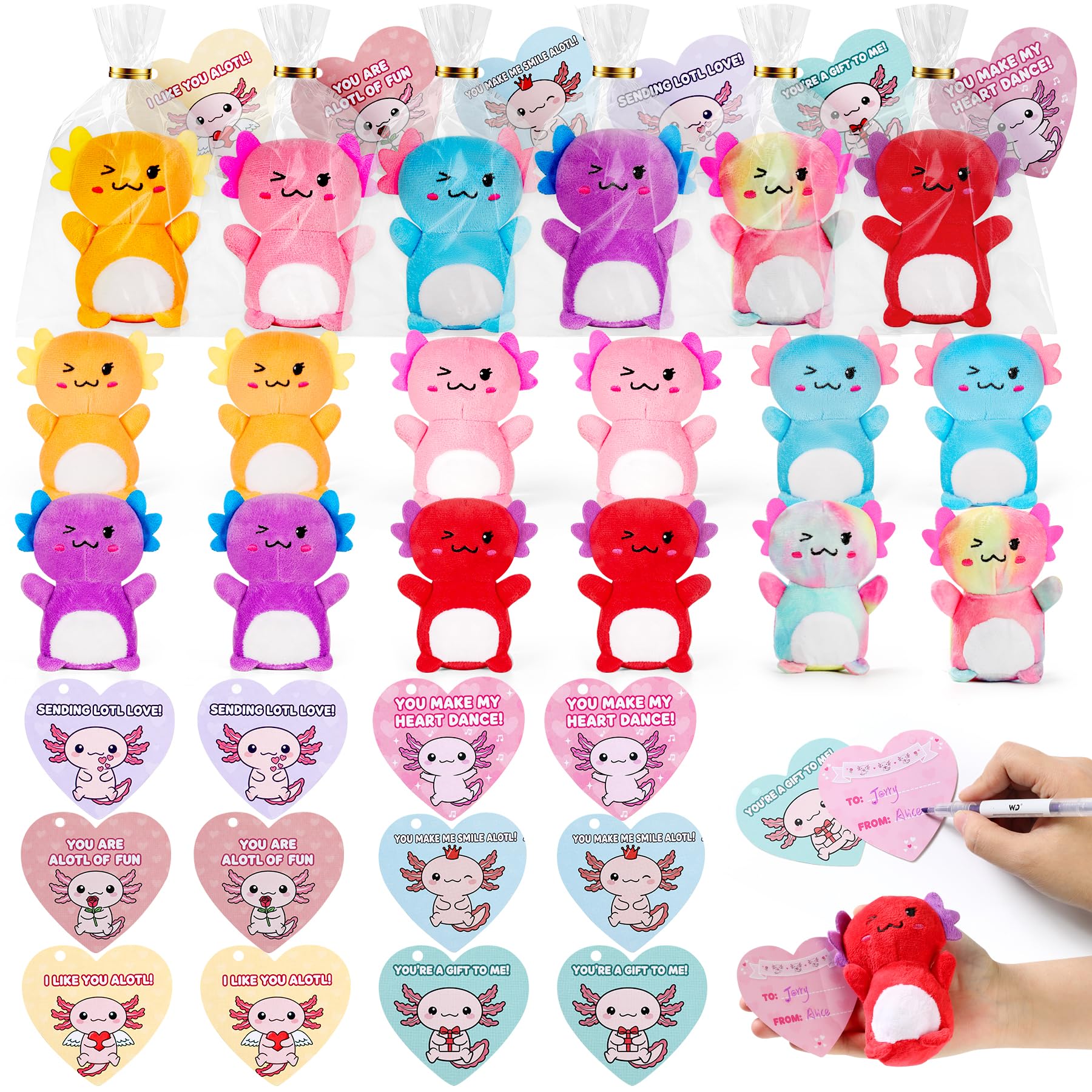 12Pcs Valentines Day Gifts for Kids,Valentines Day Cards with Axolotol Stuffed Animal Gifts,4“ Axolotl Plush Toys,Mini Stuffed Animals Set for Boys