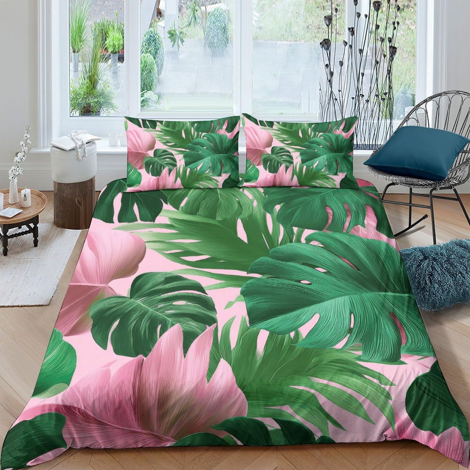 Ctjqhvkz Style-1 3D Printed Tropical Leaf Fitted Sheet Microfiber Soft Pink Botanical Mattress Cover For Bedroom Guest Room Decor Single（135X200cm）