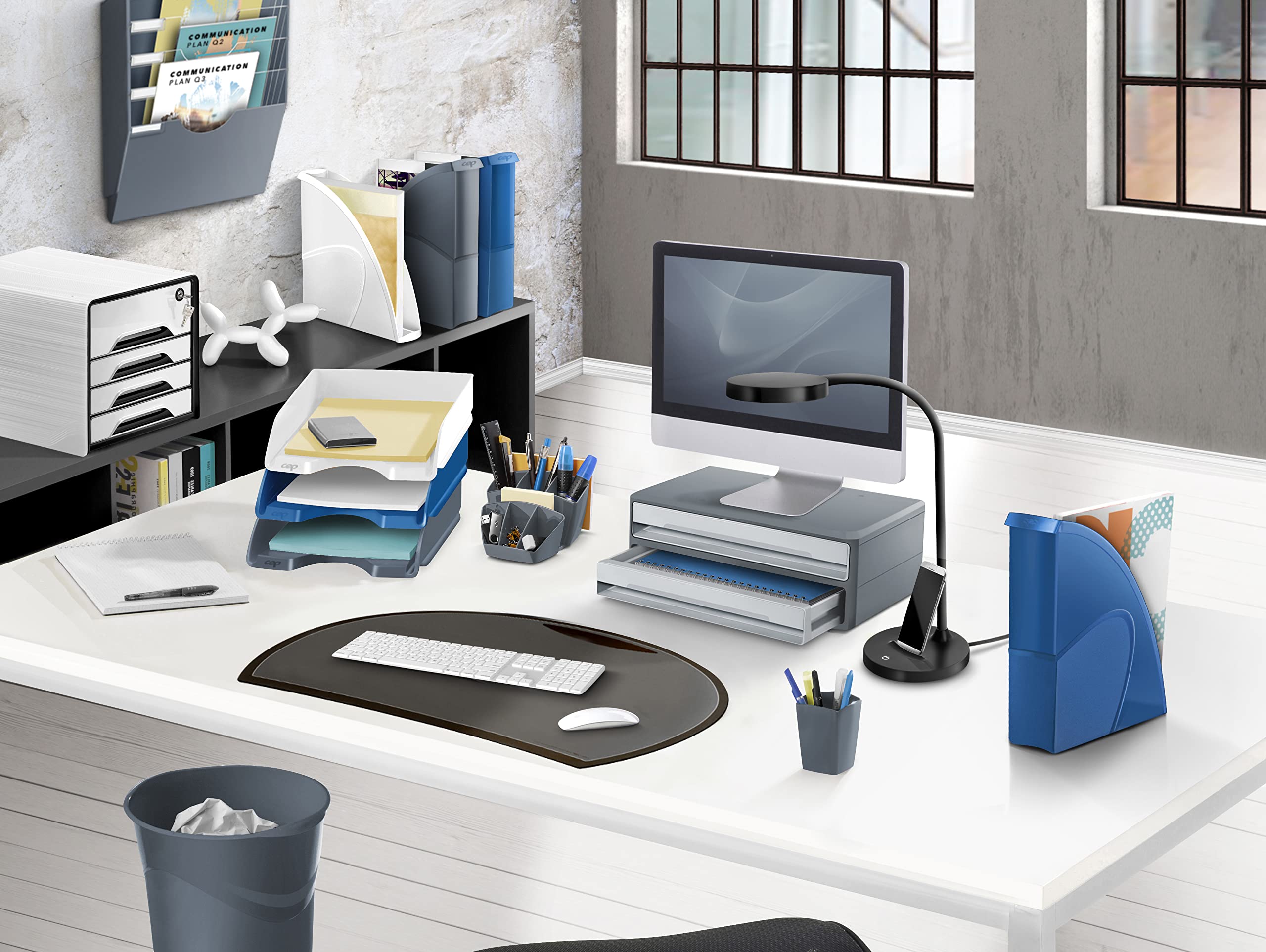 CEP Support d'écran PC ordinateur Module de Rangement 2 Tiroirs Réhausseur de moniteur MoovUp Gris Plastique Recyclé