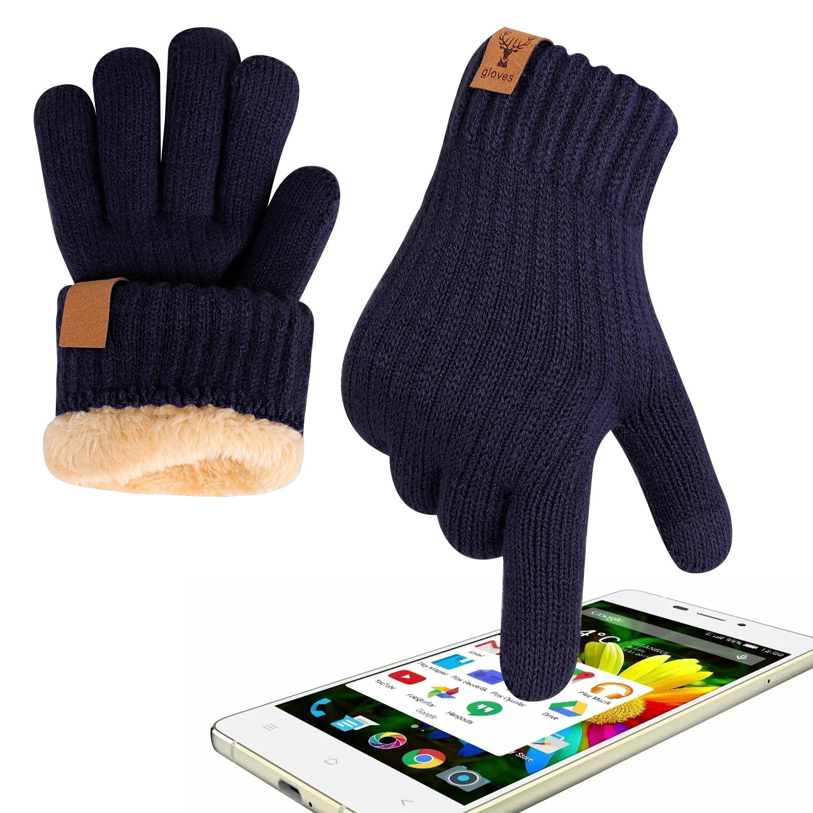 Risipu Winter Warm Gloves for Men Women Thermal Touch Screen Gloves with Fleece Lining Soft Warm Knit Glove for Skiing Cycling Hiking (Navy, One Size)