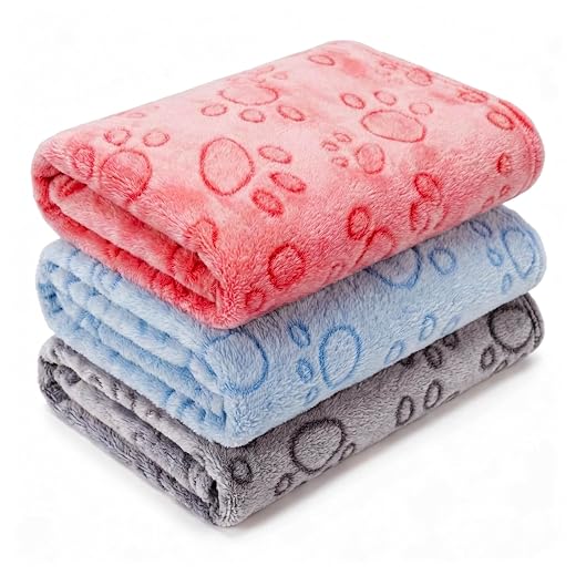 1 Pack 3 Blankets Super Soft Fluffy Premium Fleece Pet Blanket Flannel Paw Printed Throw for Dog Puppy Cat (Small 23x16'', Blue, Red, Grey)