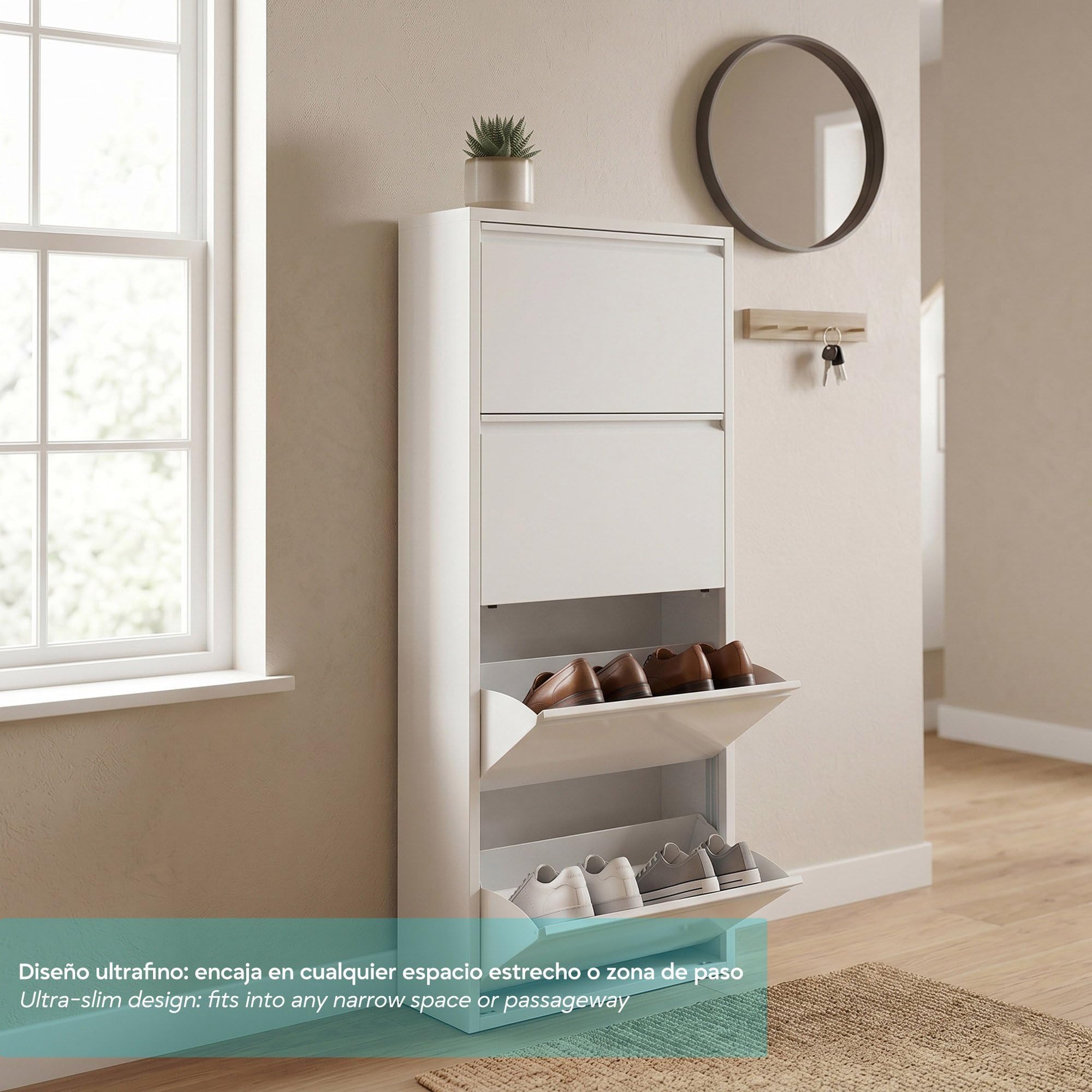 Mueble Zapatero Estrecho para Recibidor y Pasillo – Armario Zapatero Abatible de 4 Puertas con Balda Ajustable, Capacidad 8 Pares, Sistema Antivuelco y Diseño Slim (13,5 x 50 x 136,5 cm), color Blanco