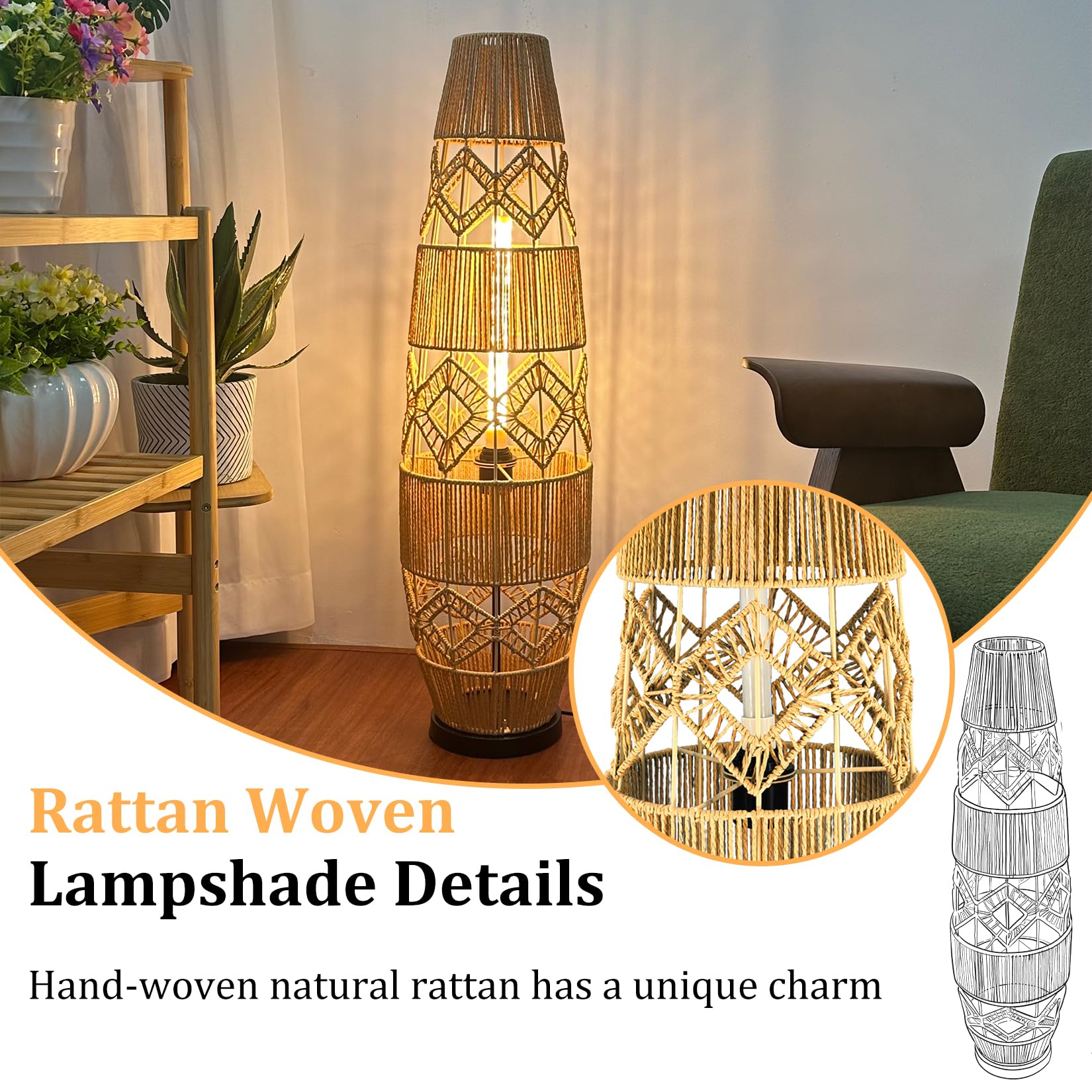 Stehleuchte Handgewebte Rattan Stehlampe 93.5 cm: Boho Standleuchte mit Schirm und Fußschalter, 3 wählbare Farbtemperaturen, Für Wohnzimmer, Esszimmer und Schlafzimmer
