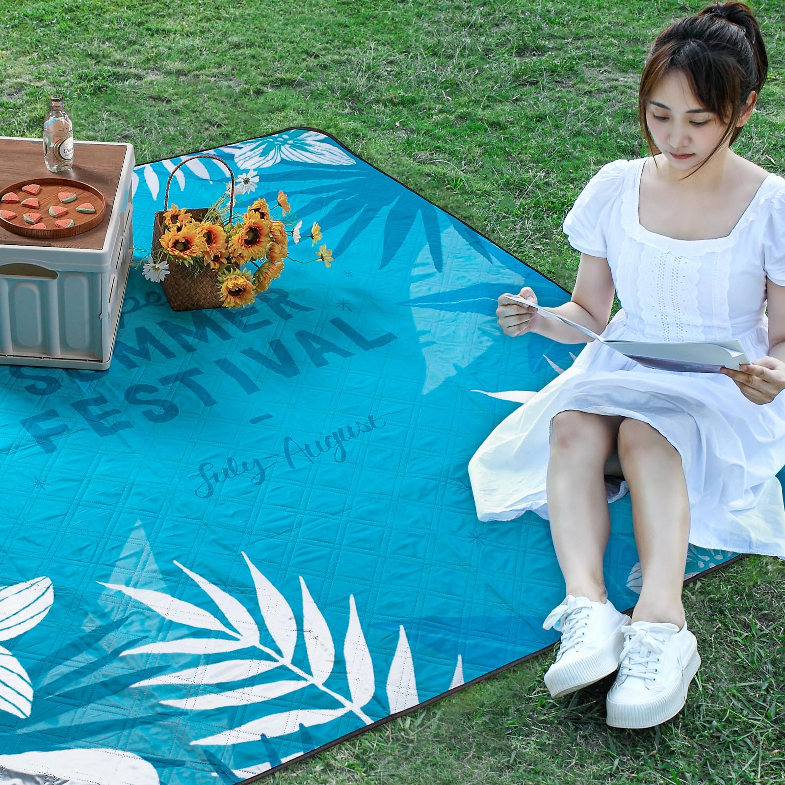 DEWUR Coperta da Picnic Impermeabile Lavabile Sandfrei XXL 300x200cm Blu