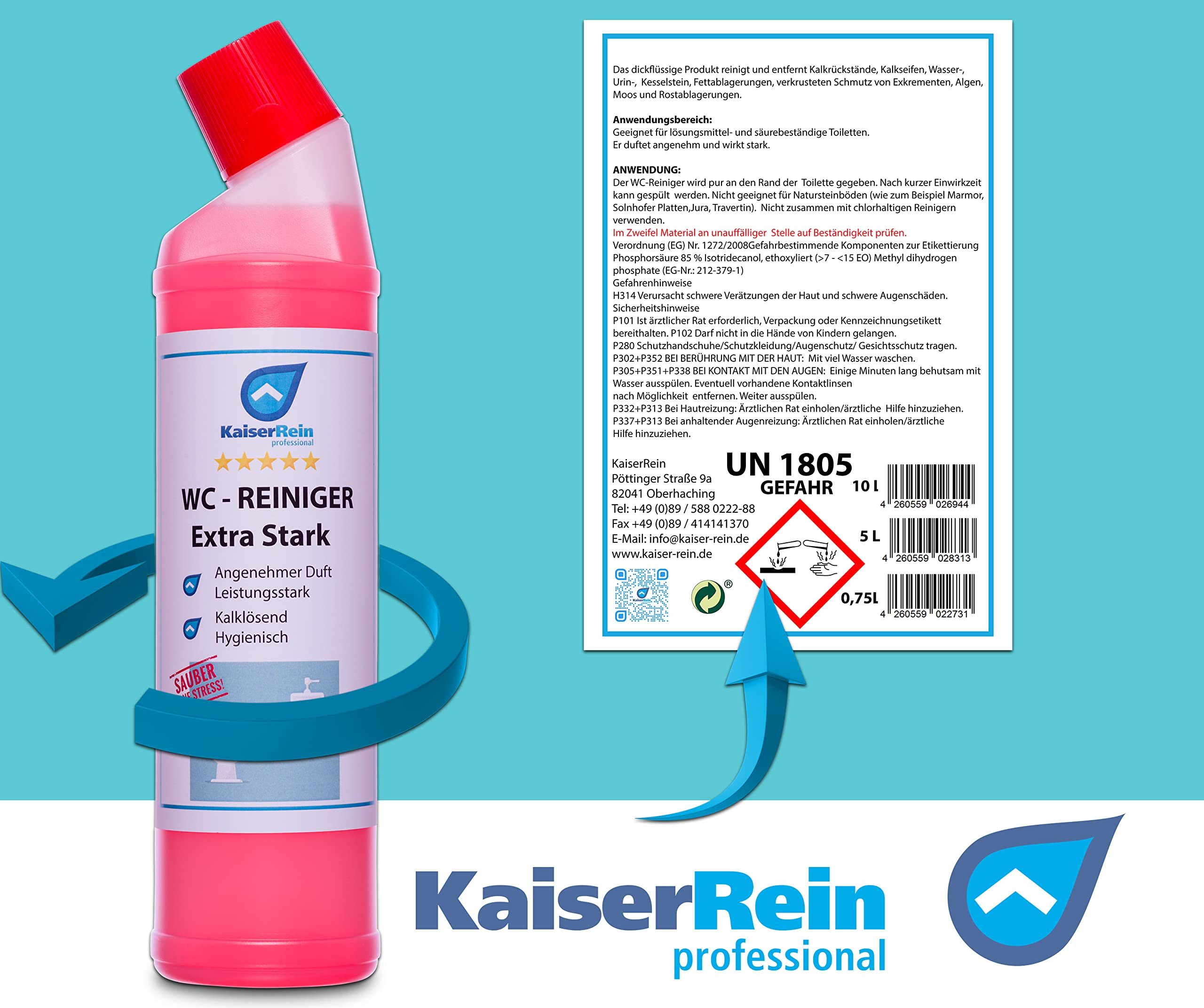 KaiserRein WC-Reiniger extra Stark Urinsteinentferner 10 x 0,75 L = 7,5 L Karton für WC & Urinal einfacher als 10 L Kanister