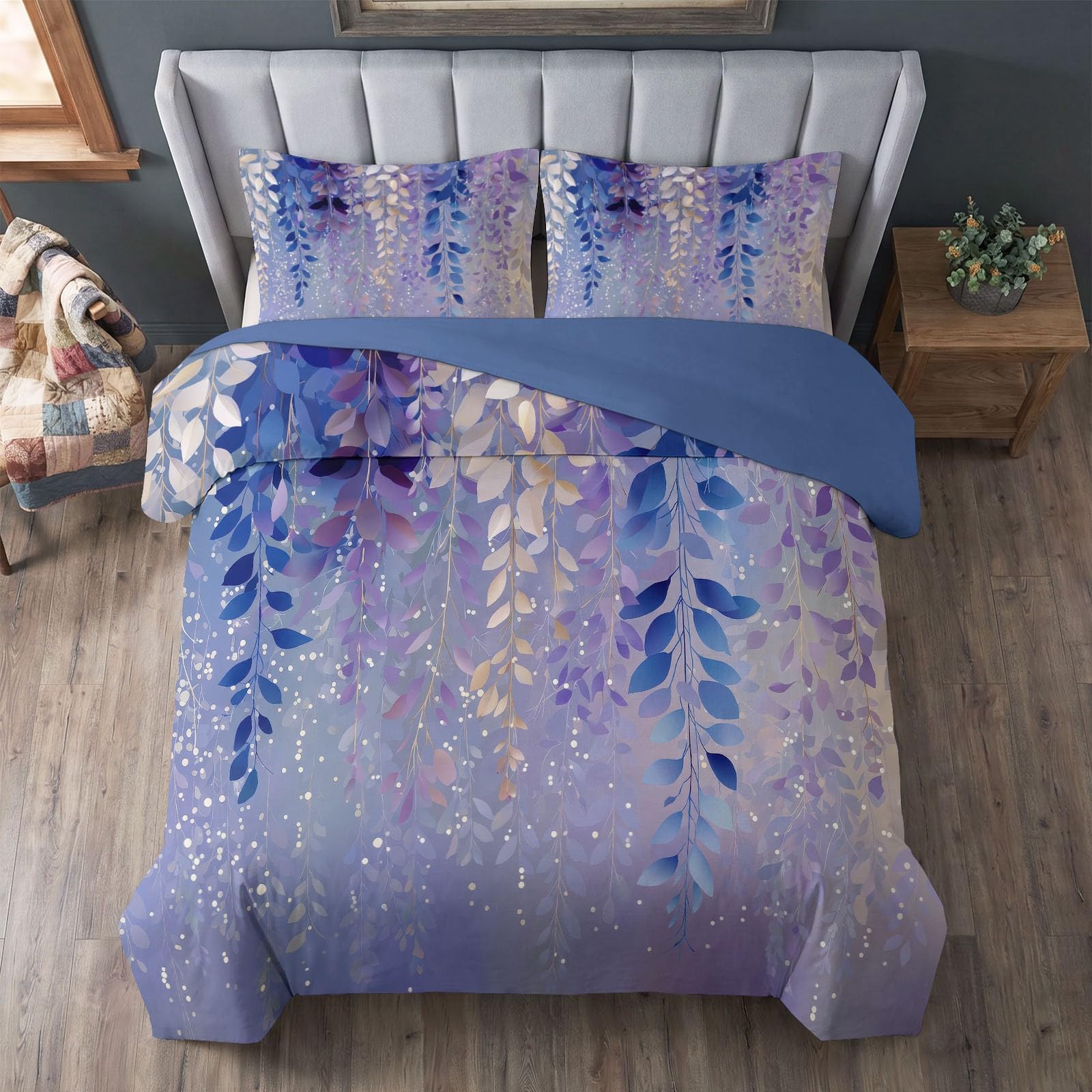 Generisch Bettwäsche Set 3-teilig 200 x 200 cm, Verträumt Kinderbettwäsche Mikrofaser mit Reißverschluss - Bettbezug Blumenmuster Blauregen Blätter für Jungen Mädchen Lila Bettwaren