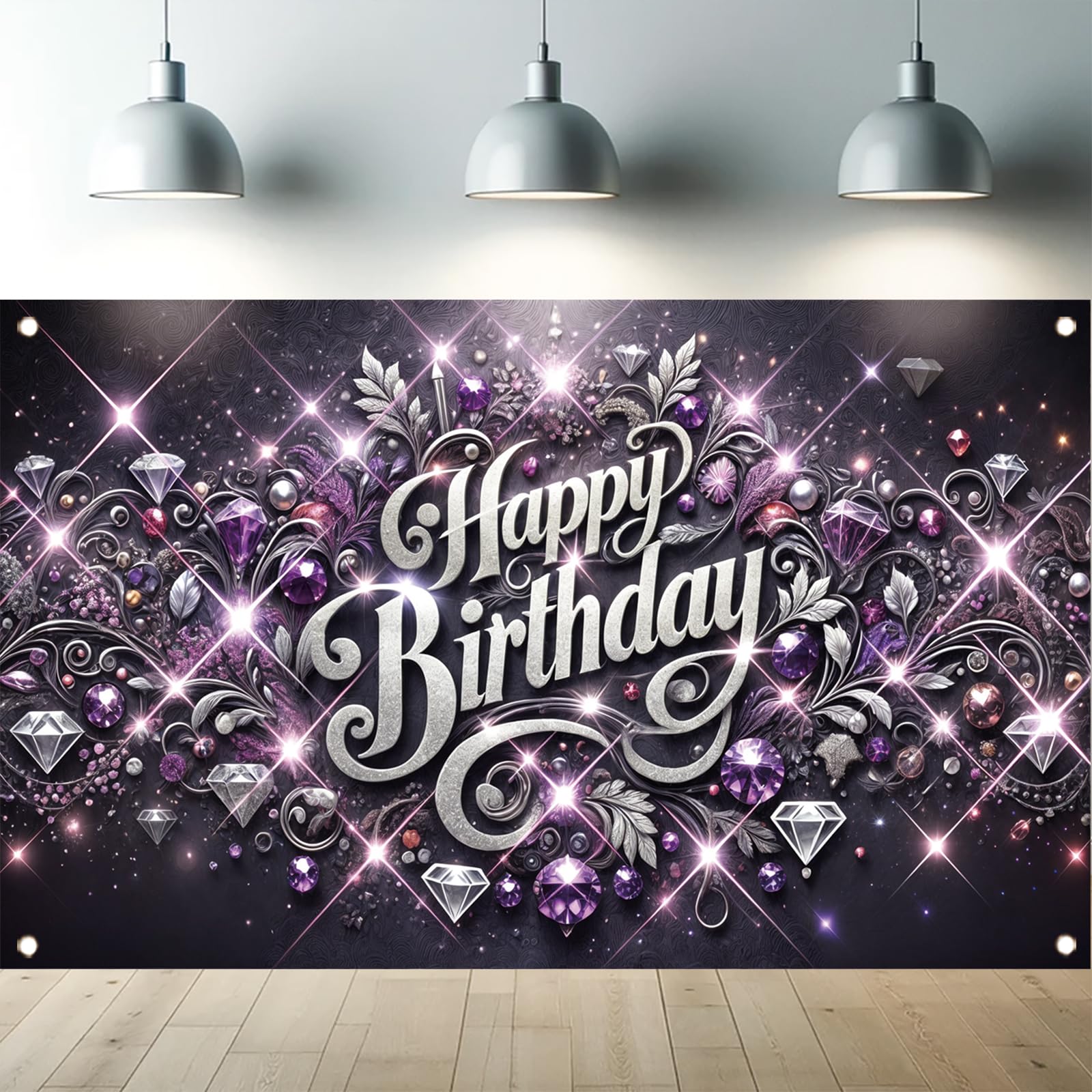 Starlit Patio Purple Happy Birthday Backdrop Banner for Women 71x43 Inch Shinning Diamond Sparkling Woman Girls Elegant Sweet Princess Photography Background Banner Photo Booth Photo Studio