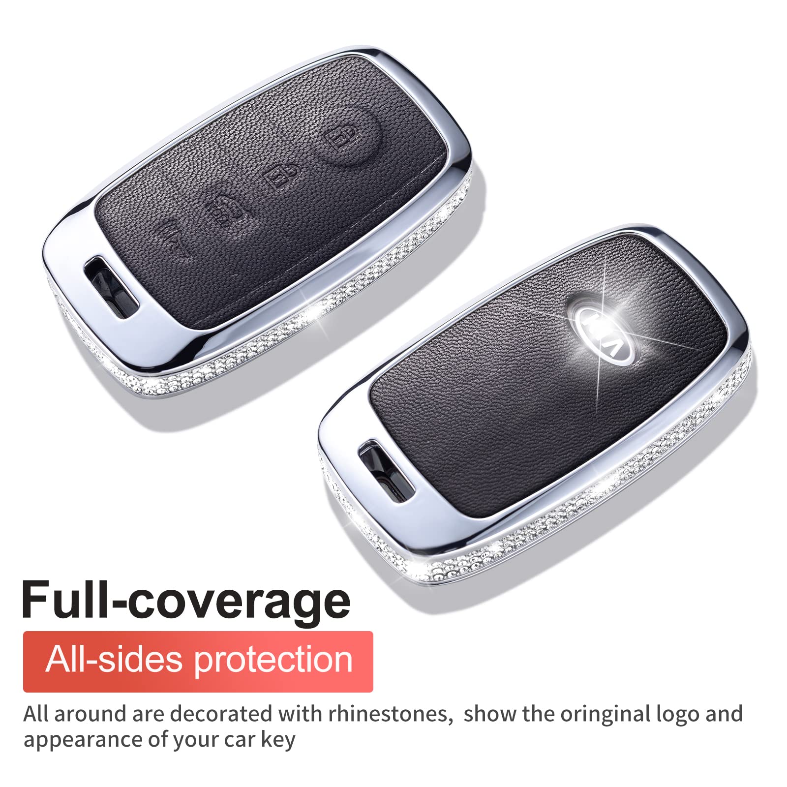 RUABIBAN Crystal Leather Key Fob Cover For Kia – Black Protective Case With Keychain For Smart Key
