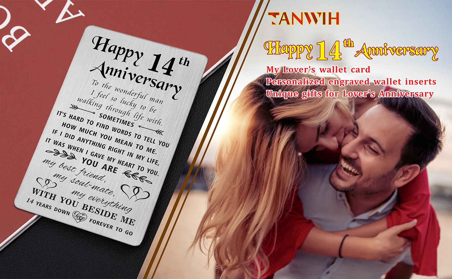 14th Anniversary Wallet Card – Engraved Stainless Steel Love Note – Gift For Husband Or Wife – Wedding Year Keepsake