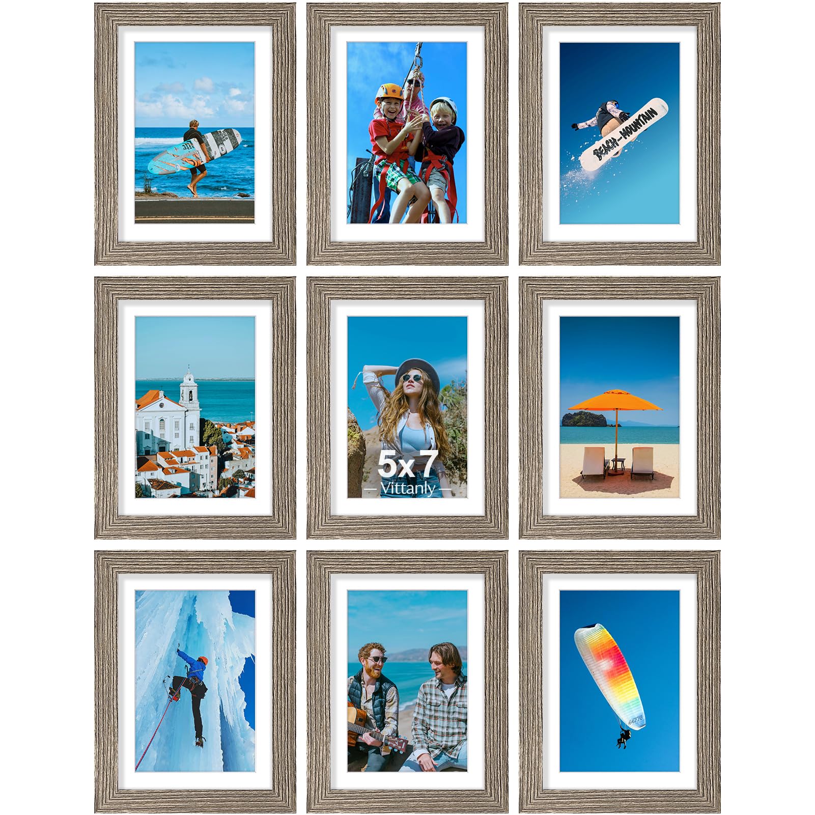 Vittanly Set di 9 cornici per foto da 13 x 18 cm, per esporre immagini da 10 x 15 cm con passepartout o 12 x 18 cm senza passepartout, cornici per foto da parete o da tavolo con plexiglass, legno