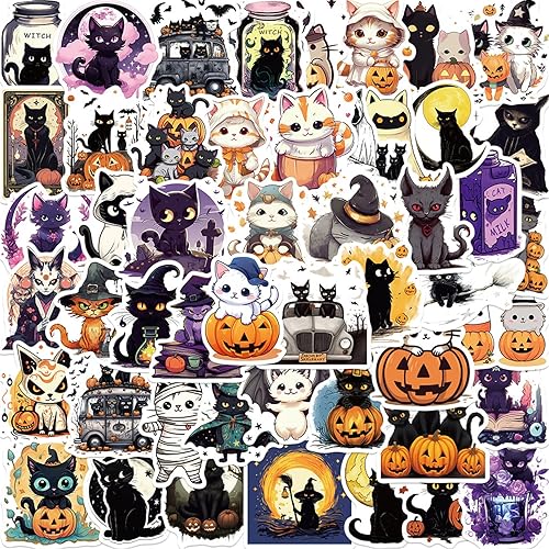Calcomanías de gatos negros, 50 unidades Kawaii divertidas calcomanías de juguete de gatos de Halloween para libros, grafiti, calcomanías de vinilo