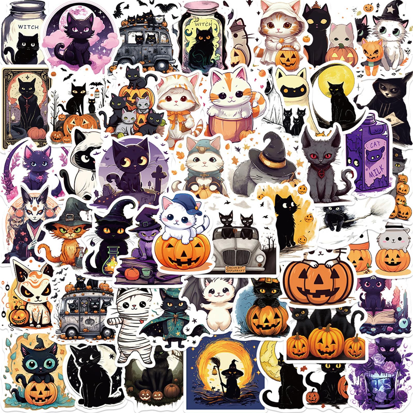 Black Cats Stickers 50PCS Kawaii Funny Halloween Cats Toy Stickers for Book Graffiti Waterproof Vinyl Decals for Kids Adults Teens for Birthday Party Supplies Decoration Favors for Water Bottles Lapto