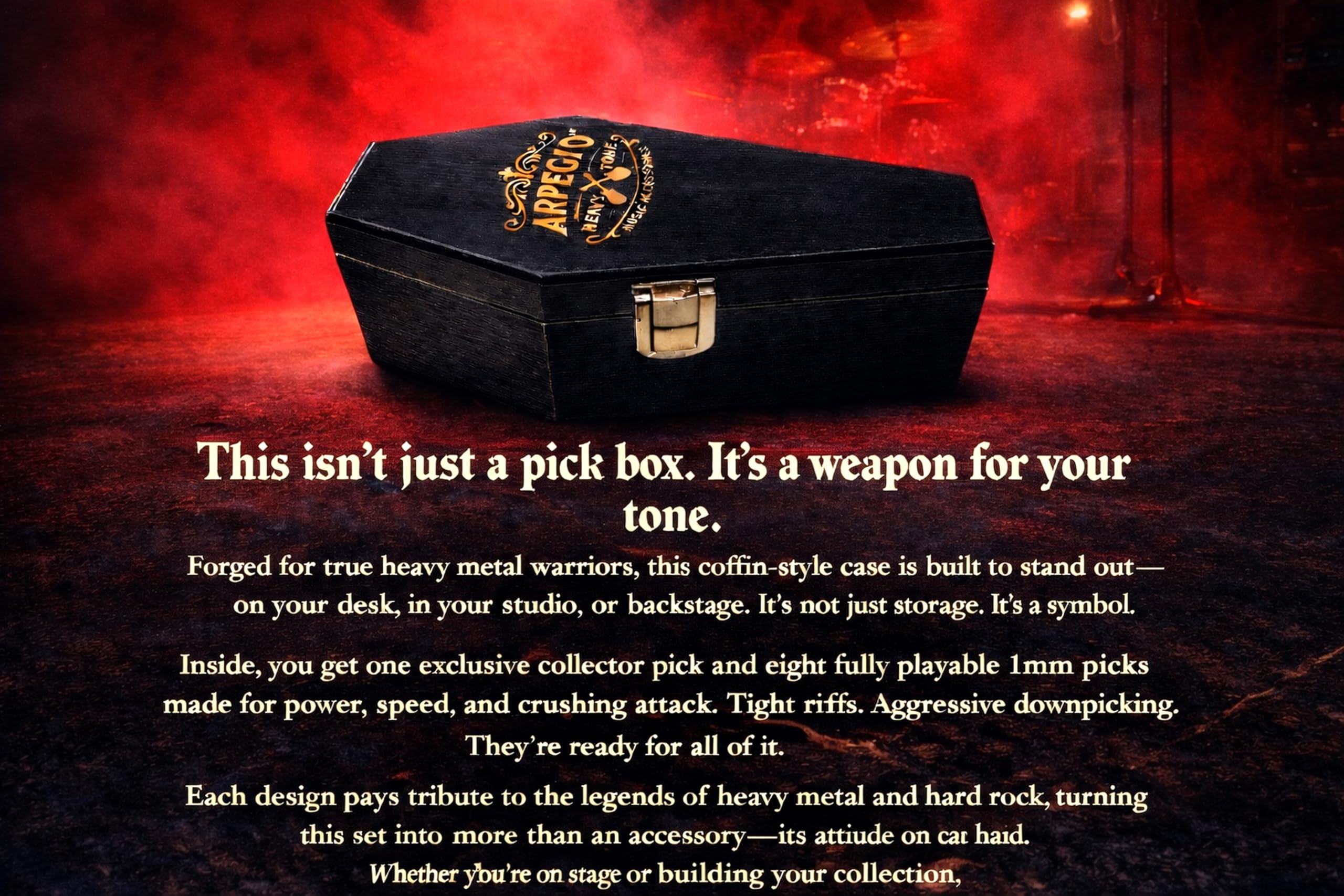 Juego de púas de guitarra con caja de madera natural. Incluye legendarias púas de bandas, púas de metal, colgante de coleccionista de metal y paños de microfibra. Accesorios perfectos para guitarra