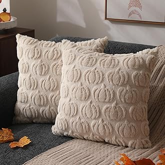DFXSZ Fall Pillow Covers 18x18 Set of 2 Fall Decorations Autumn Beige Pumpkin Throw Pillow Cases Soft Plush Faux Fur Wool Couch Cushion Case for Chair Sofa Bedroom Living Room Home Decor PTK02B18