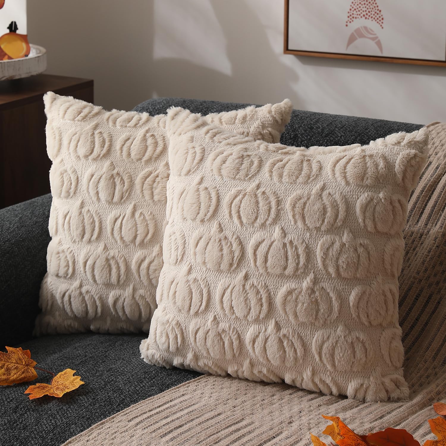 DFXSZ Fall Pillow Covers 18x18 Set of 2 Fall Decorations Autumn Beige Pumpkin Throw Pillow Cases Soft Plush Faux Fur Wool Couch Cushion Case for Chair Sofa Bedroom Living Room Home Decor PTK02B18