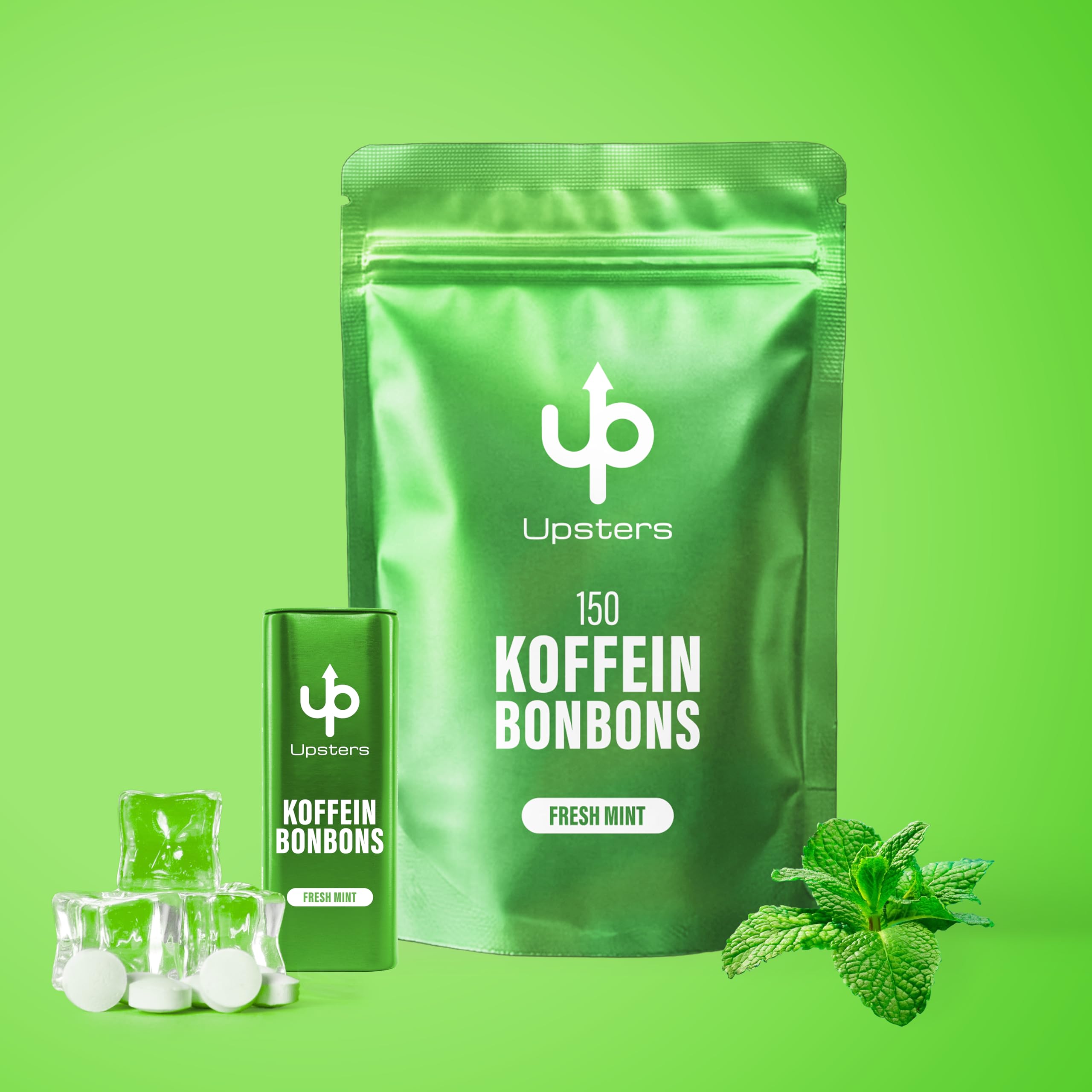 Upsters Koffeinbonbons Fresh Mint | Alternative zu Koffeintabletten | 174 Stück mit Koffein & B-Vitaminen – Energie wie 87 Kaffees | Zuckerfrei & vegan | Für Arbeit, Lernen & Autofahrten