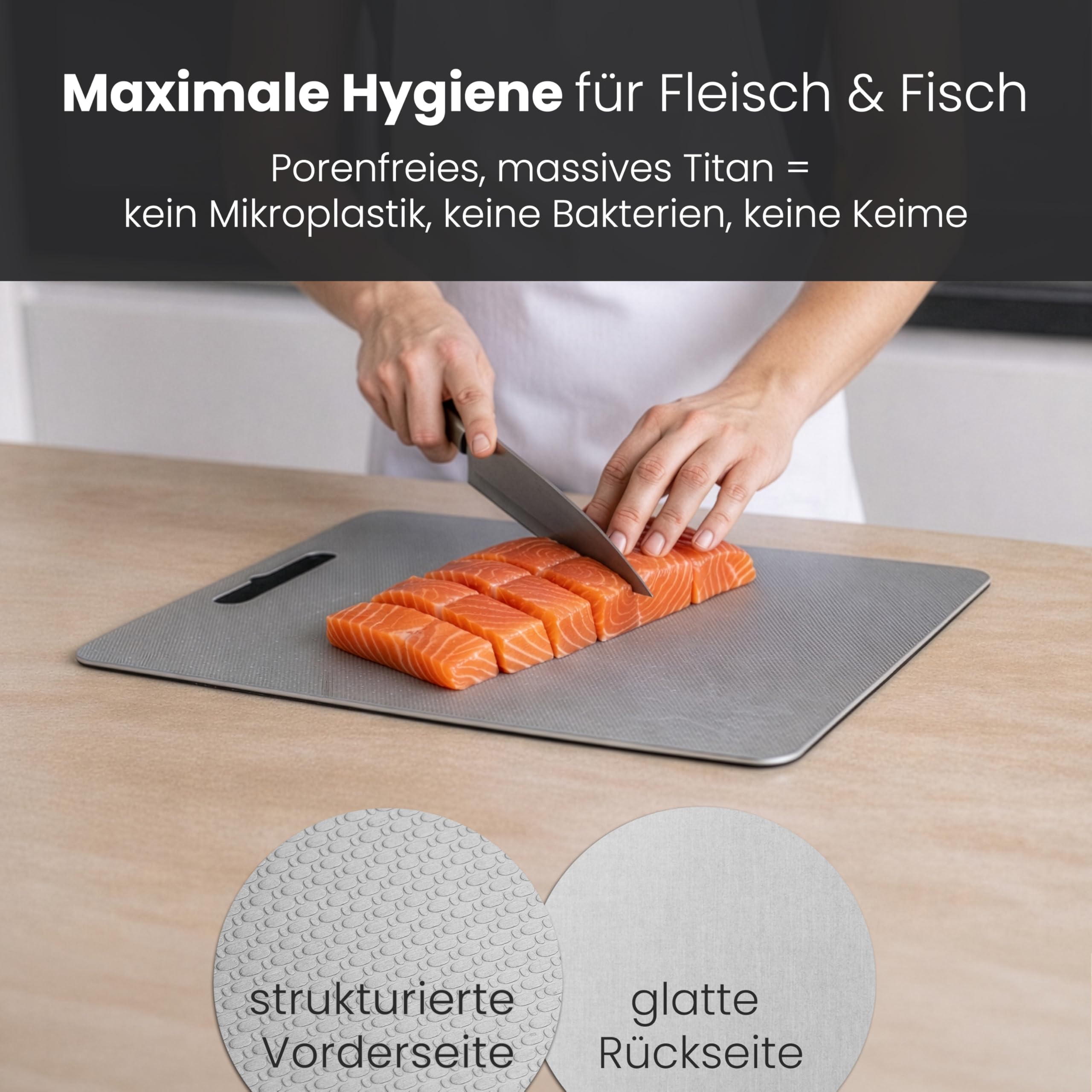 MALMØ Titan Schneidebrett (36x25 cm) - Schneidebrett aus 100% reinem Titan mit Anti-Rutsch-Silikonmatte - Schneidebrett für Fleisch, Obst und Gemüse - plastikfreies Metall Schneidebrett