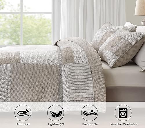 Vista 104 de Chezmoi Collection Samuel Juego de colcha con relleno de cuadros gris pardo, blanco y azul marino, 3 piezas, retales, algodón prelavado, ligero