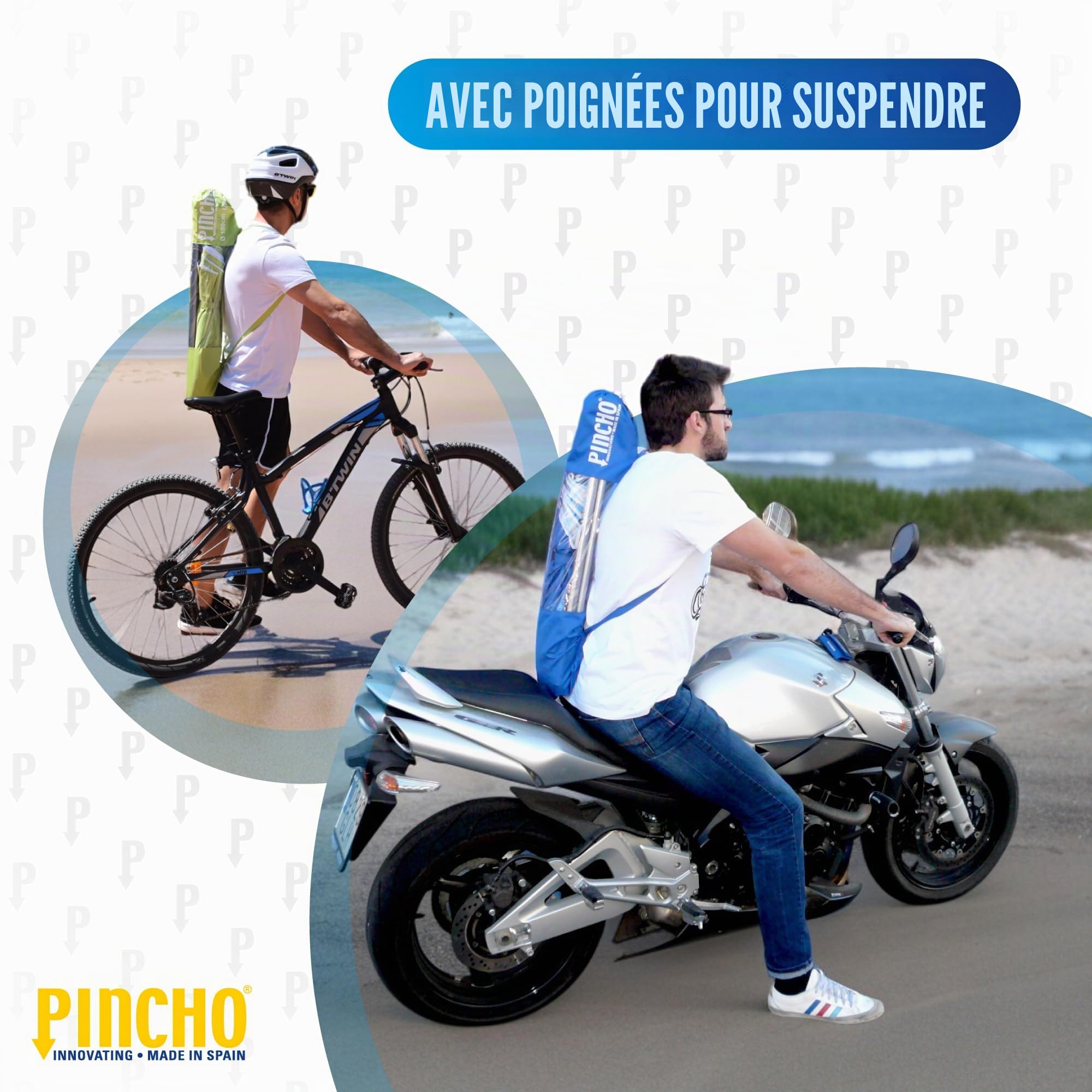 Pincho Parapluie à dos pliable de 180 cm, idéal pour moto et vélo. Protection solaire UPF50+ (bloque 99% des rayons UV), très léger. 1,5 kg, mesure du parapluie à l'intérieur de l'étui 75 cm.