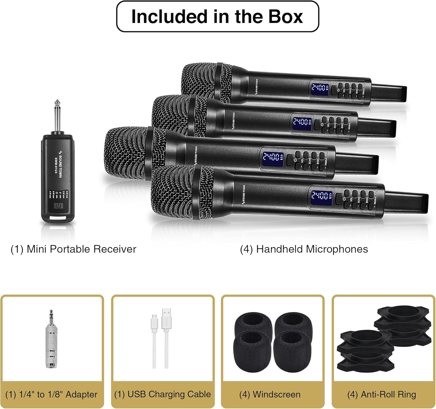 Sound Town 2.4GHz Rechargeable Wireless Microphone System with 4 x Handheld Mic, 1/4" Mini Portable Receiver, Built-in EQ, Effects for Karaoke, Events, Church, Meetings (SWM-01U4)