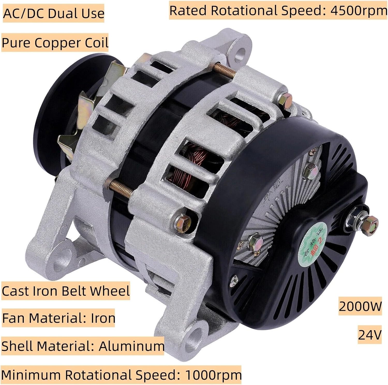 Permanent Magnet Ac Generator,12 V -14 V Permanent Magnetic Alternator W/Pre-Drilled Holes,Single-Wheel Design & Speed 4500r/Min For Agricultural Vehicles, Tricycles. (1500W-24V)